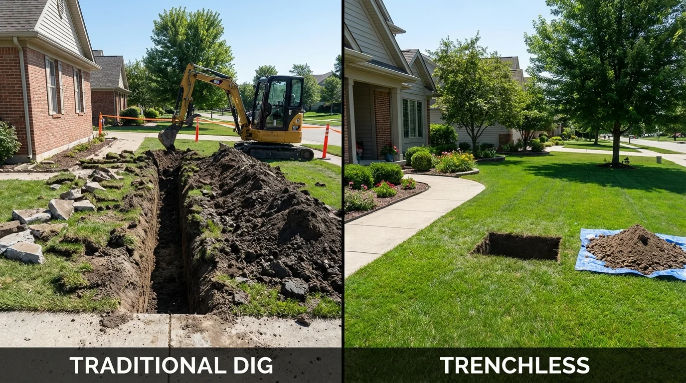 Trenchless sewer repair with minimal yard damage versus traditional excavation in Albion, NE