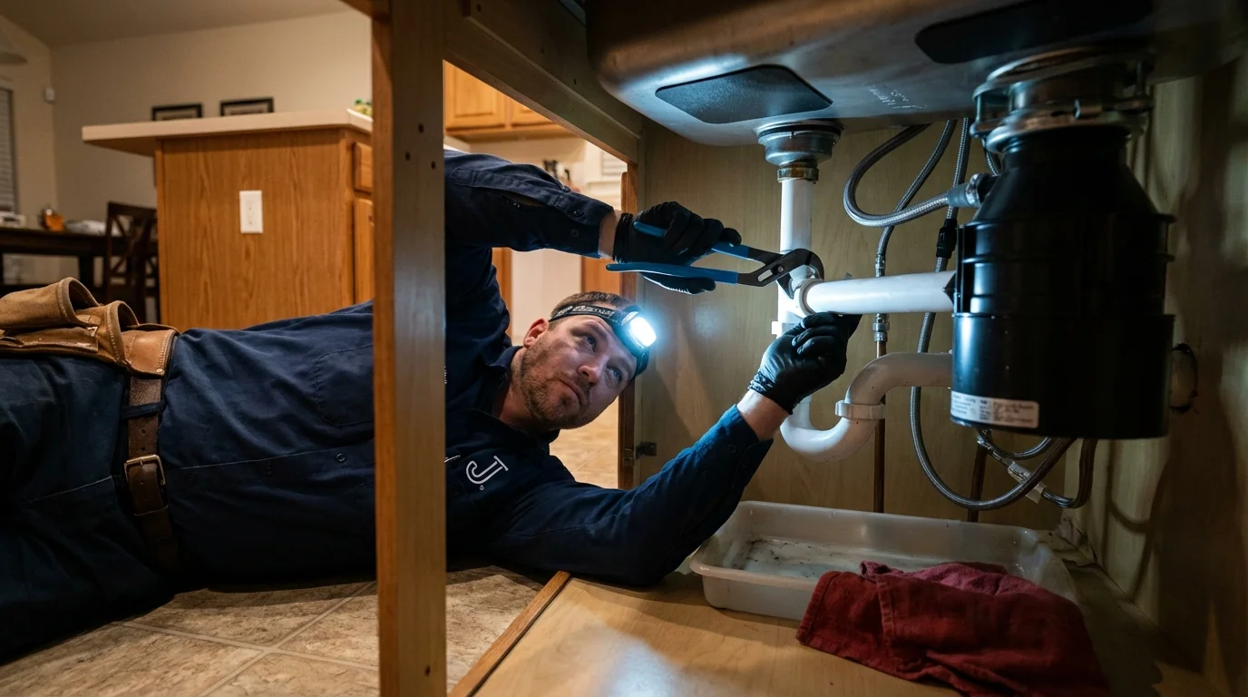 P-trap and supply line connections under a kitchen sink showing a common leak point in Albion, NE